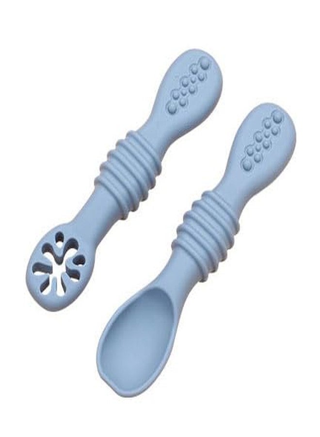 Mopslik - 2 Pack Silicone Baby Training Spoon Set Led Weaning Spoon – Soft Infant Self-Feeding First Stage Toddler Utensils for Baby Led (Blue) - Image 1