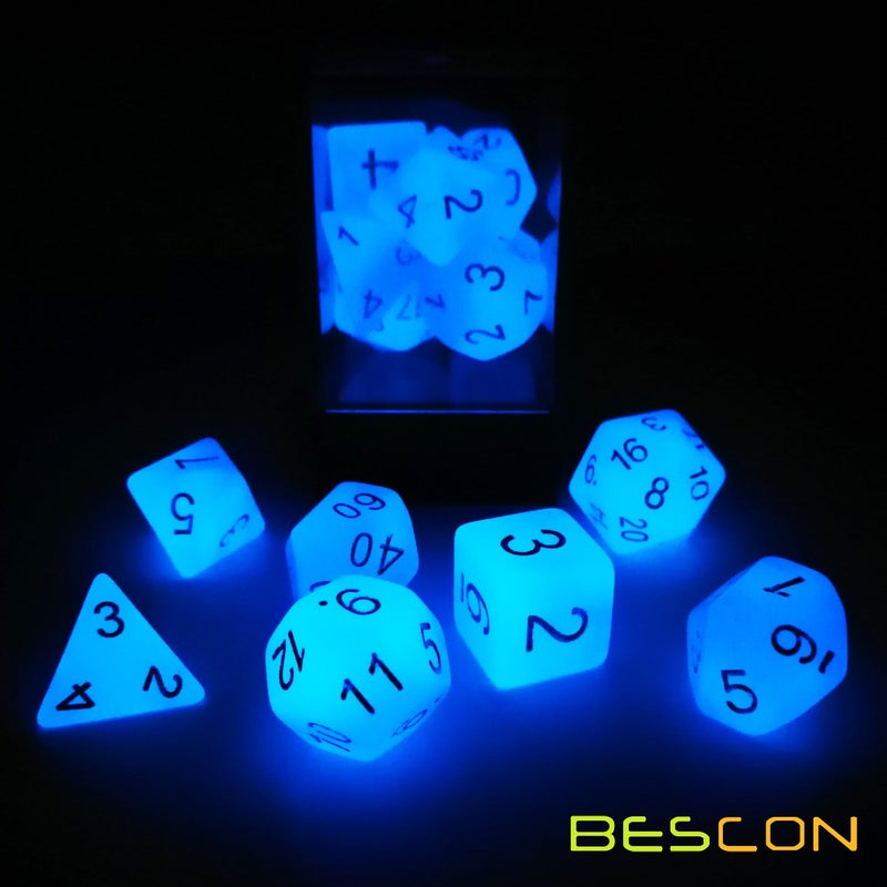 Bescon Gemini Glowing Polyhedral Dice 7pcs Set ICY Rocks, Luminous RPG Dice Set d4 d6 d8 d10 d12 d20 d%, Brick Box Packaging - Image 3