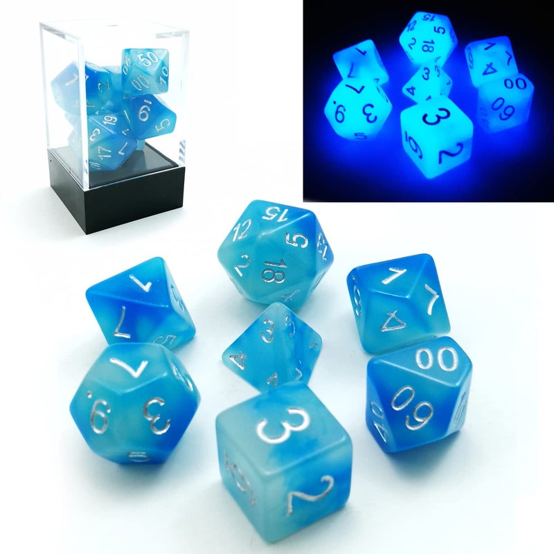 Bescon Gemini Glowing Polyhedral Dice 7pcs Set ICY Rocks, Luminous RPG Dice Set d4 d6 d8 d10 d12 d20 d%, Brick Box Packaging - Image 1