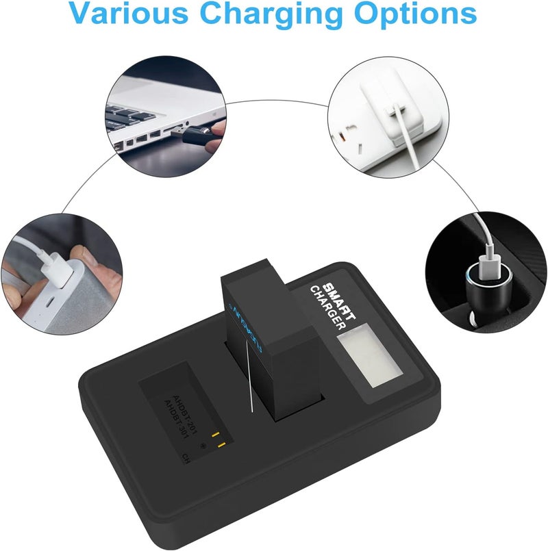 فوغاسون 2 قطع بطارية 1600mAh AHDBT-201 AHDBT 201 AHDBT-301 AHDBT 301 مع شاحن بطارية مزدوج لـ Gopro Hero 3 3+ بطارية AHDBT-301، AHDBT-201 - Image 2