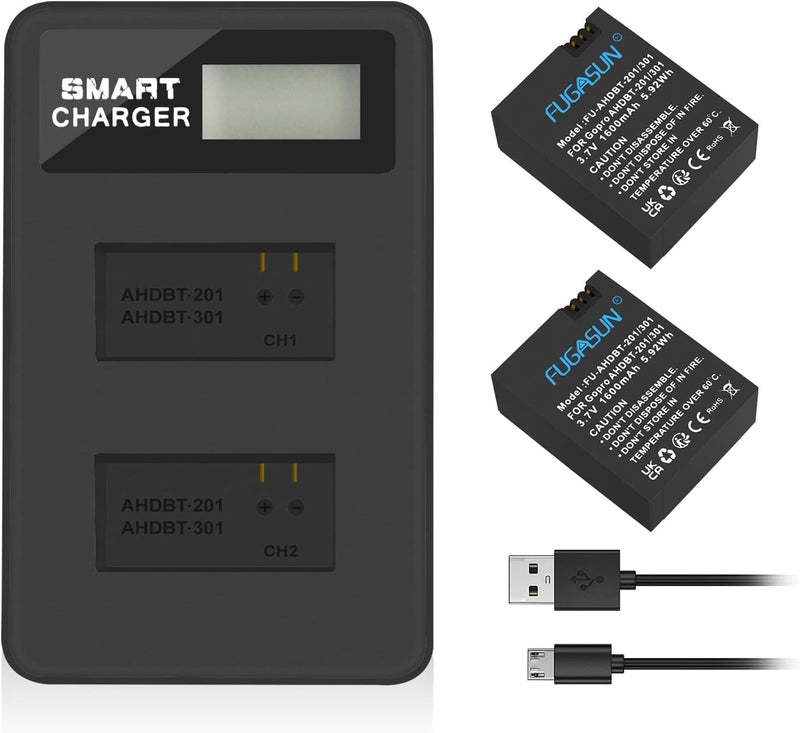 فوغاسون 2 قطع بطارية 1600mAh AHDBT-201 AHDBT 201 AHDBT-301 AHDBT 301 مع شاحن بطارية مزدوج لـ Gopro Hero 3 3+ بطارية AHDBT-301، AHDBT-201 - Image 1