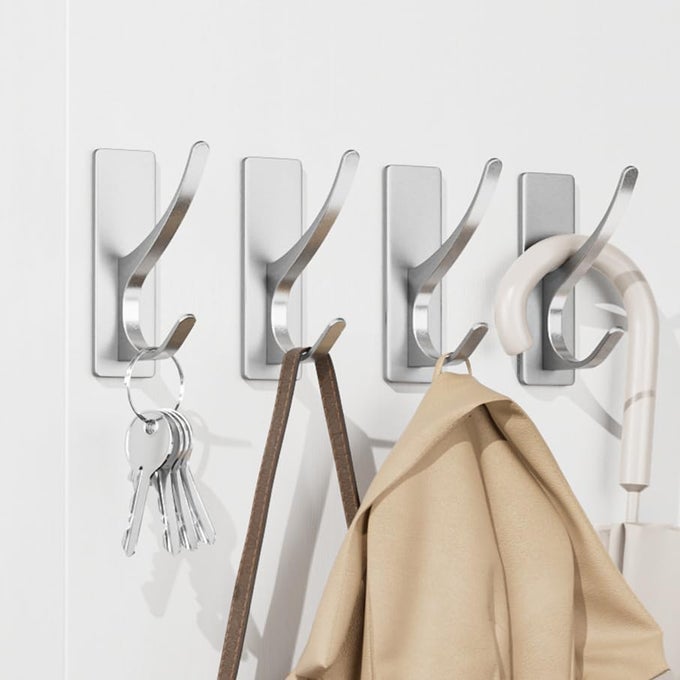 SELF ADHESIVE COAT HOOKS FOR HANGING HEAVY DUTY STAINLESS WALL HOOK FOR TOWEL UTENSIL BACKPACK HAT STURDY METAL HANGER FOR BATHROOM KITCHEN DOOR 4PACK SILVER NEW
