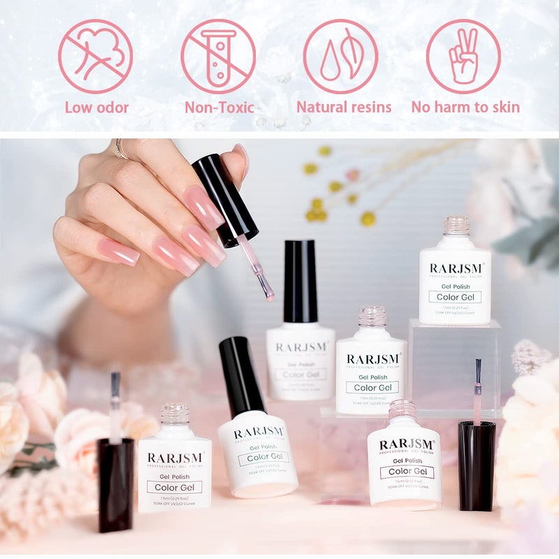 RARJSM Icy Jelly Gel Nail Polish Set of 6 Translucent Colors,Sheer Rose Nude Skintone Gelpolish LED UV Gel Clear Milky Light Pink Red Brown French Manicure Curing Requires 7.5ml DIY Home Nail Salon - Image 2