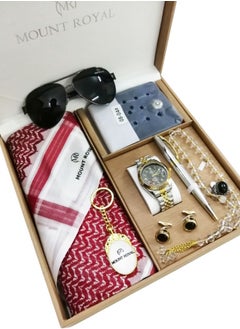 mount royal Men's Watch Set of 9 Pieces, a watch with a shemagh, glasses, a hand ring, a rosary, a pen, a medal, a wallet, and a set of buttons.  - Image 2