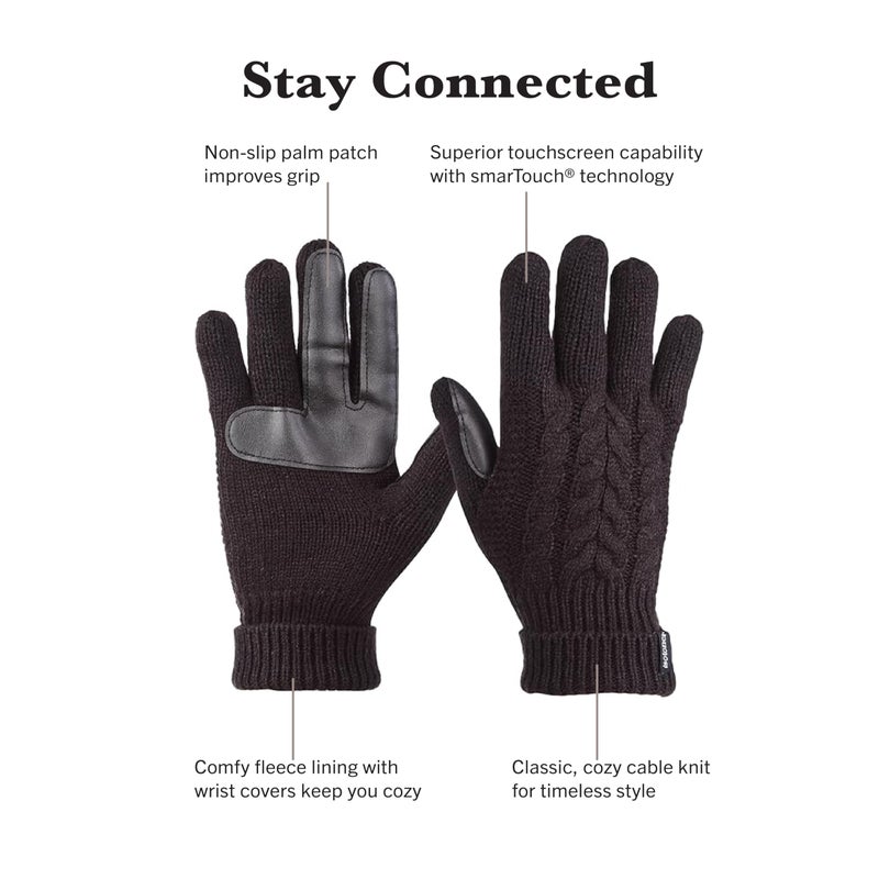 isotoner Women's Cable Knit Gloves with Touchscreen Palm Patches, Black, One Size