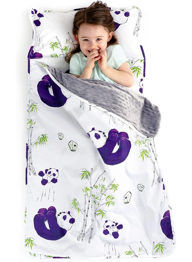 JumpOff Jo Toddler Nap Mat - Sleeping Bag for Preschool and Daycare – Playful Pandas – 43 x 21 Inches - Image 1