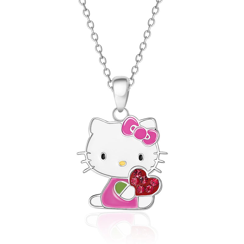 Hello Kitty Sanrio Necklace Official License - Silver Plated Necklace with Enamel and Red Crystal Pendant - Image 1