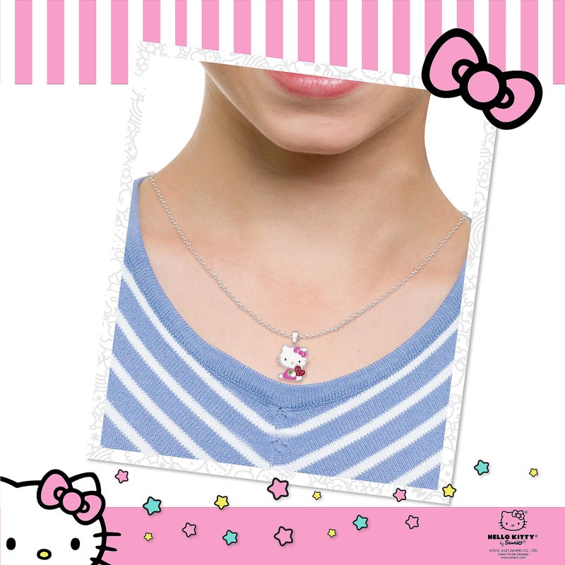 Hello Kitty Sanrio Necklace Official License - Silver Plated Necklace with Enamel and Red Crystal Pendant - Image 2