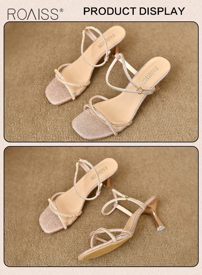 رويس صندل بكعب مفتوح من الخلف مزين بأحجار الراين للنساء، صنادل ستيليتو رائعة ومبهجة، صنادل أنيقة للسيدات، كعب بإبزيم من خط واحد بتصميم مربع من الأمام، لون بيج مريح - Image 4
