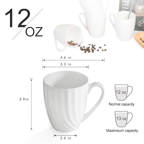 COSTMANCE Fine Bone China White Coffee Mugs Set of 4 (12 oz), Ceramic Spiral Pattern Tea Cups, Thin China Coffee Cups, Lightweight Coffee Mugs for Hot Chocolate, Latte, Cappuccino - Image 2