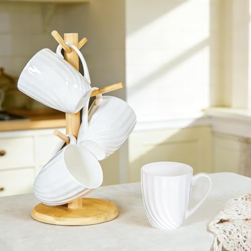 COSTMANCE Fine Bone China White Coffee Mugs Set of 4 (12 oz), Ceramic Spiral Pattern Tea Cups, Thin China Coffee Cups, Lightweight Coffee Mugs for Hot Chocolate, Latte, Cappuccino - Image 5