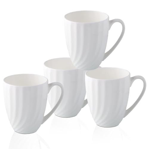 COSTMANCE Fine Bone China White Coffee Mugs Set of 4 (12 oz), Ceramic Spiral Pattern Tea Cups, Thin China Coffee Cups, Lightweight Coffee Mugs for Hot Chocolate, Latte, Cappuccino - Image 1