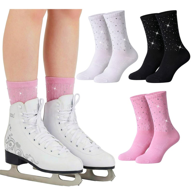 Glitopper 3 Pairs Glitter Rhinestone Figure Skating Socks Ice Skating Socks for Women Fashion Short Sock for Sports Dance(Black White Pink,Rhinestone) - Image 1