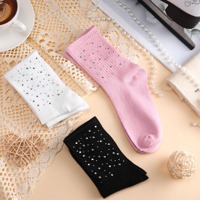 Glitopper 3 Pairs Glitter Rhinestone Figure Skating Socks Ice Skating Socks for Women Fashion Short Sock for Sports Dance(Black White Pink,Rhinestone) - Image 3
