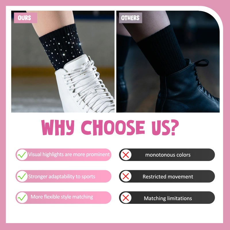 Glitopper 3 Pairs Glitter Rhinestone Figure Skating Socks Ice Skating Socks for Women Fashion Short Sock for Sports Dance(Black White Pink,Rhinestone) - Image 4