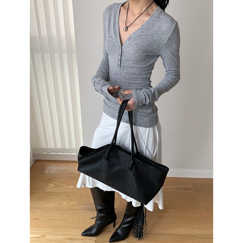 تيشيرت طويل الأكمام بياقة V من تنسيل للنساء LOOP IN - Image 3