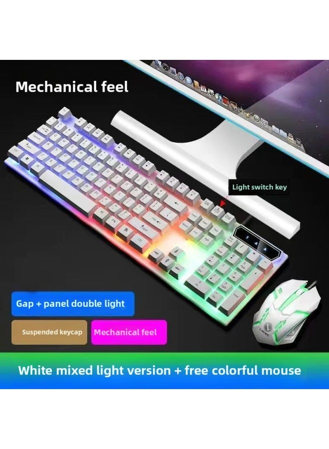 USB Computer Game Suit Suspension Keyboard Key Cap Mouse Feel Mechanical Wired Backlit Keyboard Desktop Notebook-Color:White Version 【colored Light On Back Panel + Luminous Mouse】