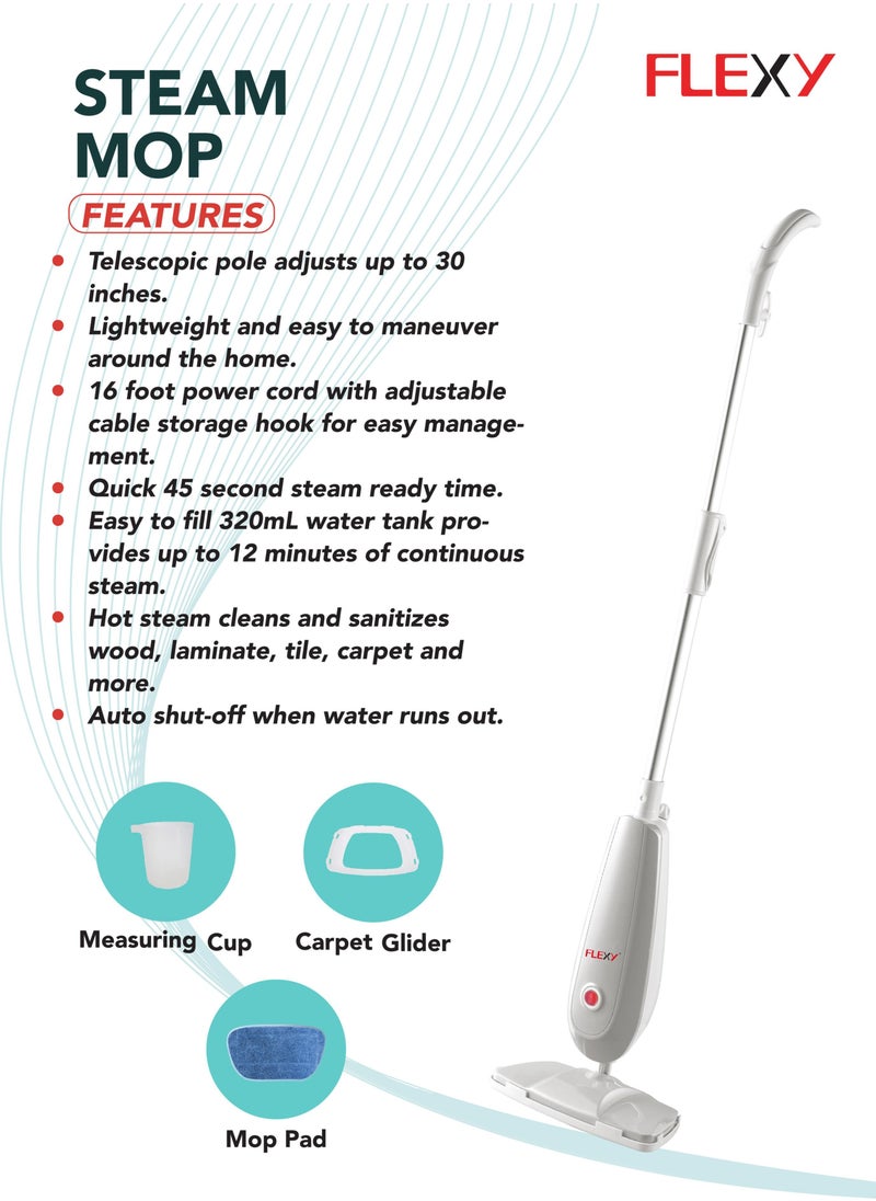 Flexy - 1300W Steam Mop With Adjustable Telescopic Pole Upto 30 inches 16 Foot Power Cord - Image 1