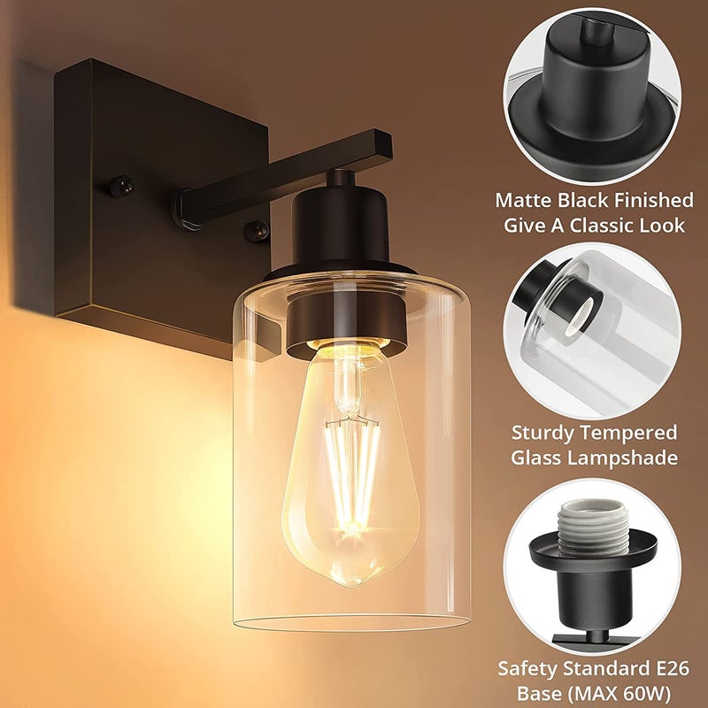 SINOMAN SINOMAN Wall Sconces Vintage Vanity Lights for Bathroom Modern Wall Light Fixtures with Clear Glass Shade Farmhouse Wall Lamp for Bedroom Mirror Living Room 107 Black Pack of 1  - Image 5