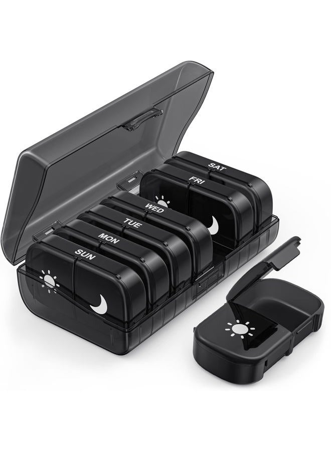 PULIV Extra Large Weekly Pill Organizer 2 Times a Day, One-Side Open Pill Box 7 Day for Easy Filling, Black Privacy Protection AM PM Pill Case for Vitamins, Medication, Supplements, Fish Oils Black - Image 1