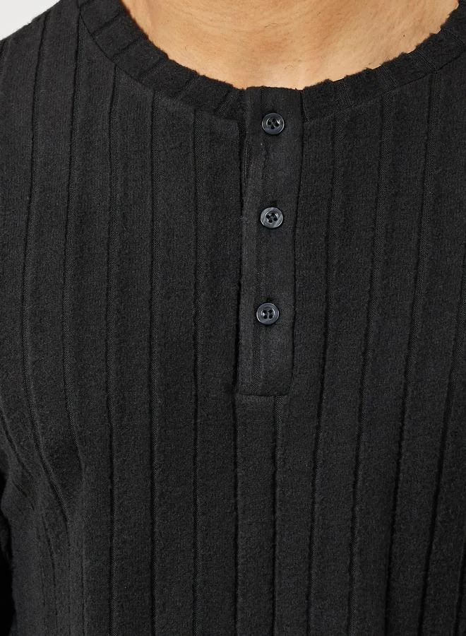 Styli Black Ribbed Long Sleeves T-Shirt And Open Hem Pyjama Set for Men | Best Price UAE