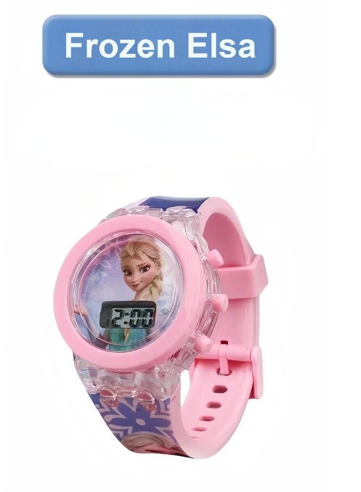 ساعة فروزن إلسا للأطفال الرقمية - ساعة يد كرتونية مضيئة متوهجة LED للفتيات مع أضواء وامضة وأوضاع متدرجة وحزام مريح - Image 1