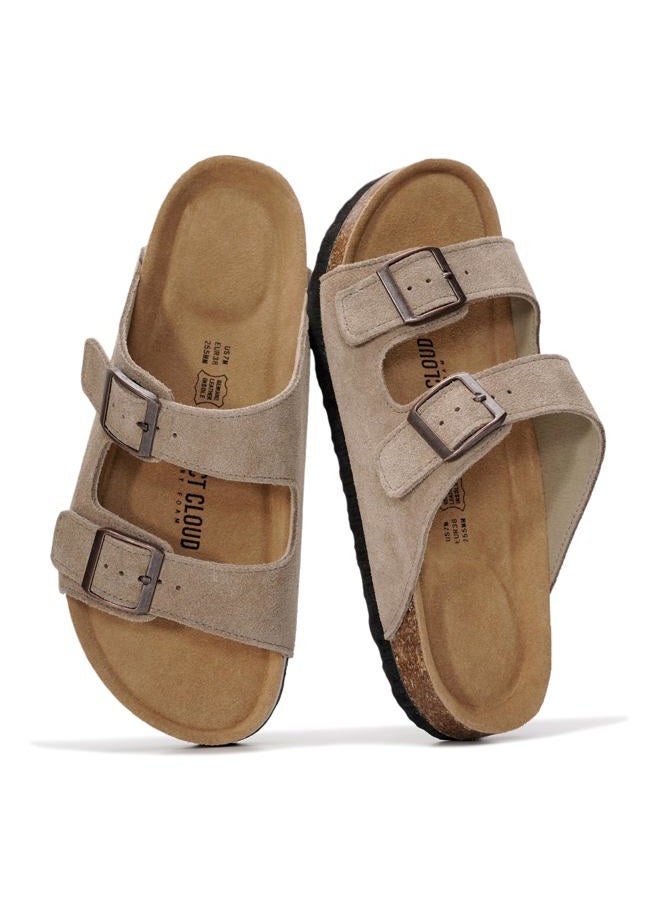 Project Cloud 100% Genuine Leather Flat Sandals For Women 2026 Cork Footbed Womens Sandals with Memory Foam and arch support Vacation Essentials Slides for Women Footwear (Venita), Driftwood Suede - Image 1