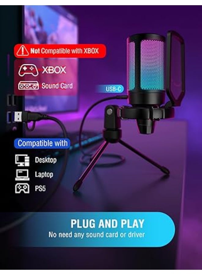 Gaming USB Microphone for PC PS5, Condenser Mic with Quick Mute, RGB Indicator, Tripod Stand, Pop Filter, Shock Mount, Gain Control for Streaming Discord Twitch Podcasts Videos- AmpliGame - Image 4