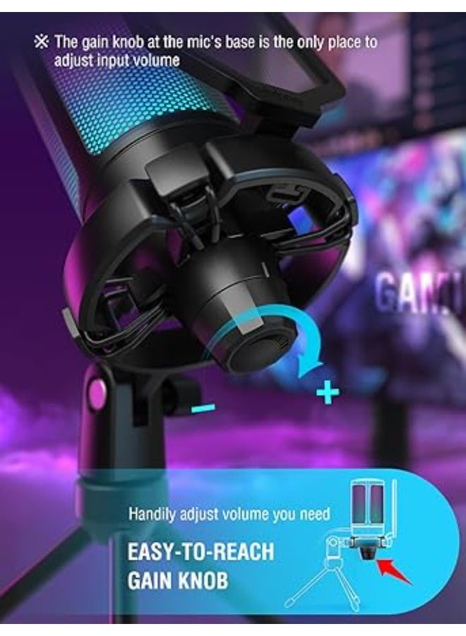 Gaming USB Microphone for PC PS5, Condenser Mic with Quick Mute, RGB Indicator, Tripod Stand, Pop Filter, Shock Mount, Gain Control for Streaming Discord Twitch Podcasts Videos- AmpliGame - Image 5