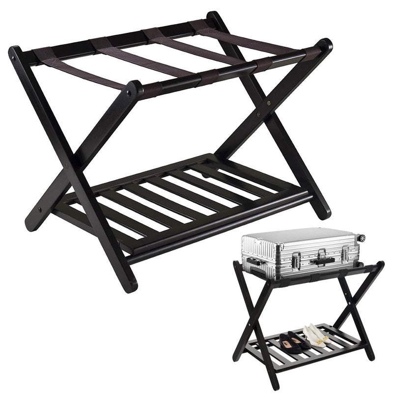 uyoyous Foldable Luggage Rack 2tiers Folding Luggage Holder Wooden Suitcase Stand with Storage Shelf for Bedroom Hotel Use 68 x 40 x 58cm