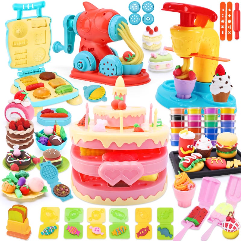 Crelloci 4 in 1 Color Dough Kitchen Creations Set Ice Cream Noodle Hamburger Cake Maker Machine Art Crafts Food Modeling Play Toys Tools Kit for Boys Girls Kids Toddlers Ages 3 24 Colors Dough - Image 3