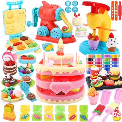 Crelloci 4 in 1 Color Dough Kitchen Creations Set Ice Cream Noodle Hamburger Cake Maker Machine Art Crafts Food Modeling Play Toys Tools Kit for Boys Girls Kids Toddlers Ages 3 24 Colors Dough - Image 1