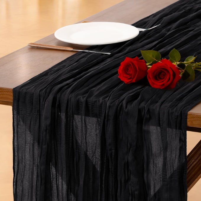 BLACK HALLOWEEN TABLE RUNNER BOHO RUSTIC GAUZE VALENTINES DAY 120 INCH 10FT CHEESE CLOTH RUNNER FOR WEDDING PARTY BABY SHOWER BIRTHDAY HOME DECOR HOLIDAY DECORATIONS