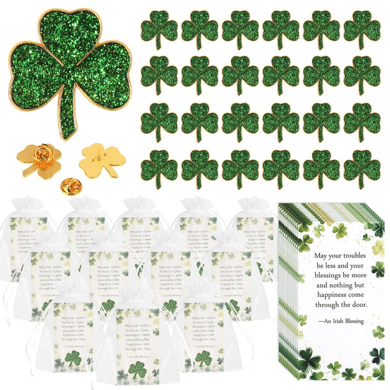 SINCCO 25/50/100 Sets St. Patricks Day Clover Lapel Pins Bulk Shamrock Pin Brooches with Irish Blessing Cards Gift Bags for St. Patrickâ€™s Day Party Favors Jewelry Accessories(25 Sets) - Image 1