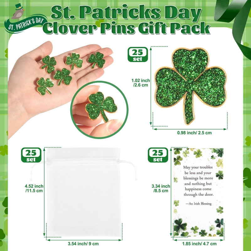 SINCCO 25/50/100 Sets St. Patricks Day Clover Lapel Pins Bulk Shamrock Pin Brooches with Irish Blessing Cards Gift Bags for St. Patrickâ€™s Day Party Favors Jewelry Accessories(25 Sets) - Image 2