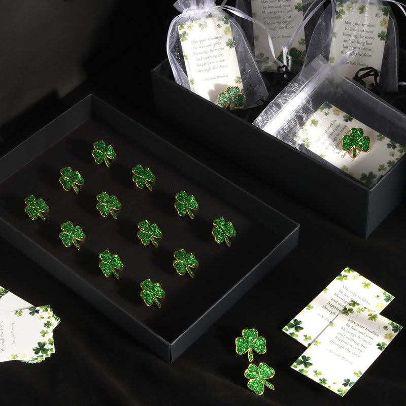 SINCCO 25/50/100 Sets St. Patricks Day Clover Lapel Pins Bulk Shamrock Pin Brooches with Irish Blessing Cards Gift Bags for St. Patrickâ€™s Day Party Favors Jewelry Accessories(25 Sets) - Image 4