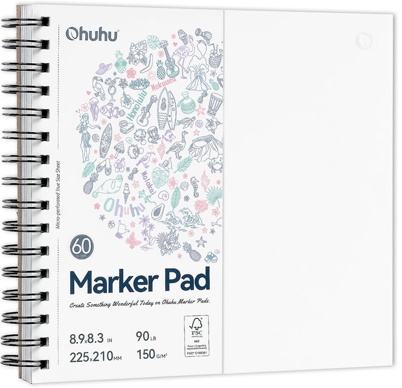 Ohuhu Double-Sided Marker Pad Art Sketchbook Bleedproof - 8.3"x8.3" Square Paper Size - 90 lb/150 gsm Smooth Drawing Paper - 60 Sheets/120 Pages, Spiral Bound Sketching Book for Alcohol Markers - Image 1