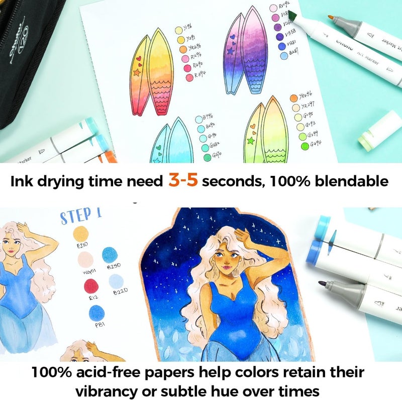 Ohuhu Double-Sided Marker Pad Art Sketchbook Bleedproof - 8.3"x8.3" Square Paper Size - 90 lb/150 gsm Smooth Drawing Paper - 60 Sheets/120 Pages, Spiral Bound Sketching Book for Alcohol Markers - Image 4