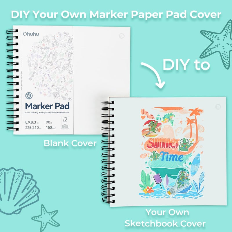 Ohuhu Double-Sided Marker Pad Art Sketchbook Bleedproof - 8.3"x8.3" Square Paper Size - 90 lb/150 gsm Smooth Drawing Paper - 60 Sheets/120 Pages, Spiral Bound Sketching Book for Alcohol Markers - Image 3