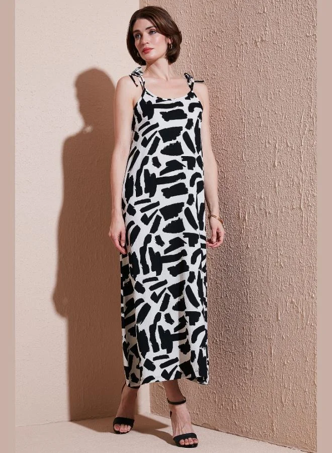 Lela Lela Patterned Midi Length Oversize Fit Tie-Strap Crew Neck Dress Women's Dress 5869009