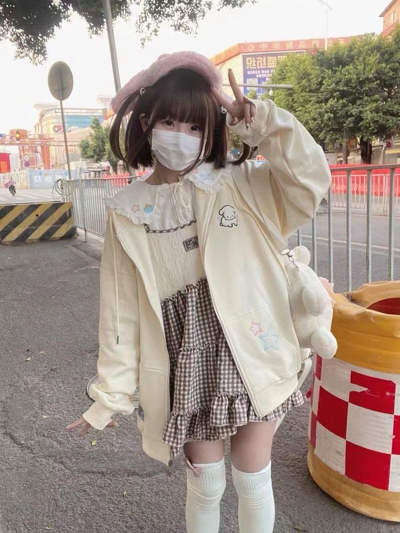OATSBAS Kawaii Zip Up Hoodie Women Cute Cartoon Embroidery Oversized Pullover Sweatshirt Harajuku Kawaii Hooded Top (Large,Beige-Thick) - Image 2