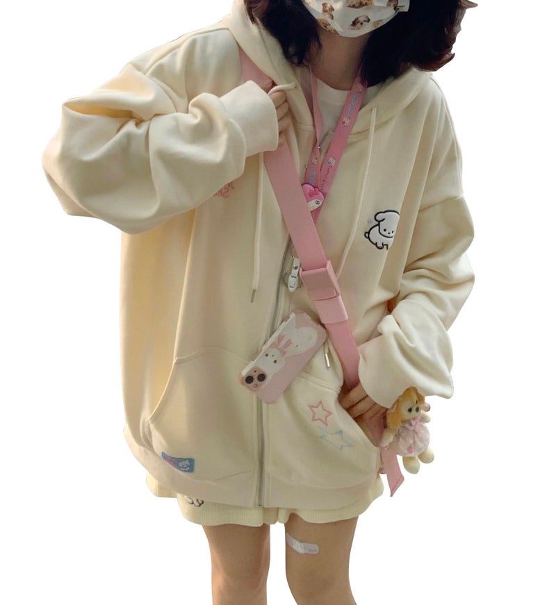 OATSBAS Kawaii Zip Up Hoodie Women Cute Cartoon Embroidery Oversized Pullover Sweatshirt Harajuku Kawaii Hooded Top (Large,Beige-Thick) - Image 1