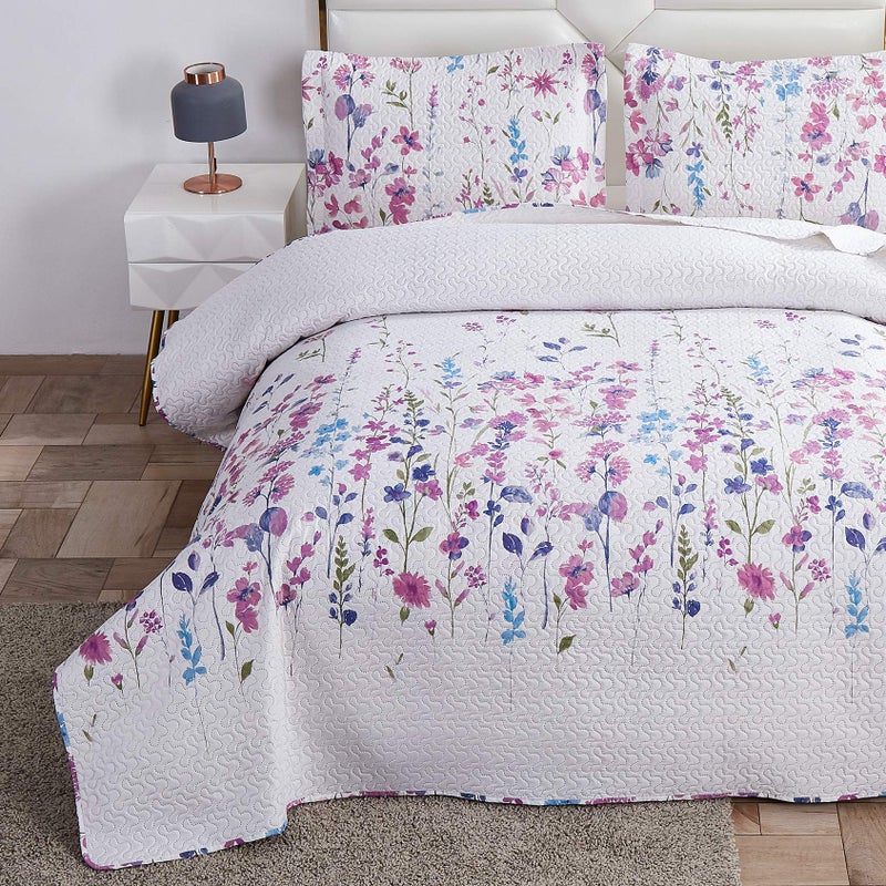 Summer Lightweight Thin Floral Quilts FullQueen SizePurple Blue Lilac Flowers Green Leaves Botanical Bedspread Coverlet SetBreathable Bed Cover with Standard Pillow ShamsRandom Patterns