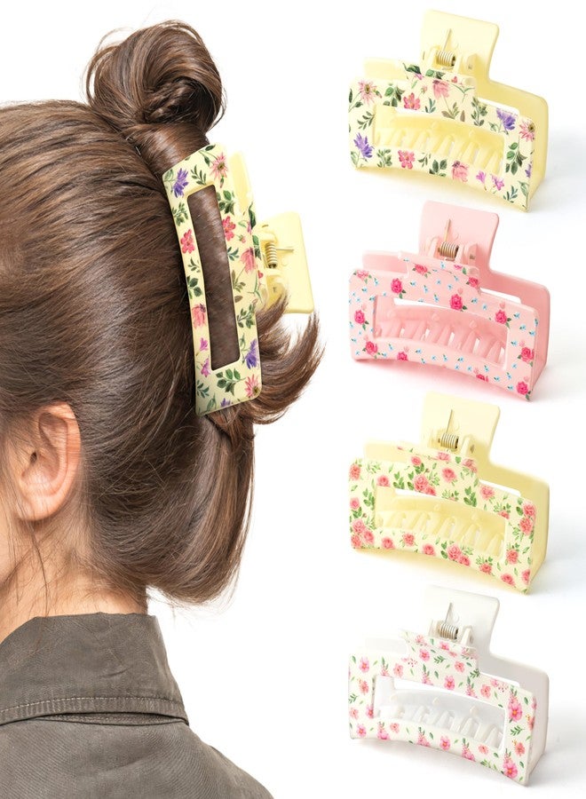 PANTIDE 4Pcs Floral Hair Claw Clips for Women Girls - Retro Flower Vintage Floral Rectangle Nonslip Banana Hair Clips, Thin Thick Short Long Curly Accessories, Summer Party Mother’s Day Birthday Gift - Image 1