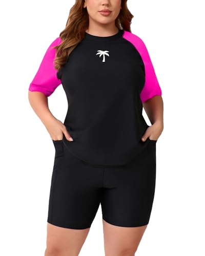 Halcurt Ladies Plus Size Rash Guard Modest Swimsuits 2 Piece Swimsuit with Built in Bra Shorts Set Hot Pink 2X - Image 1