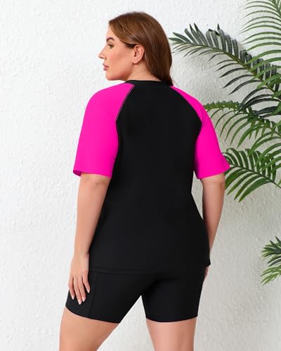 Halcurt Ladies Plus Size Rash Guard Modest Swimsuits 2 Piece Swimsuit with Built in Bra Shorts Set Hot Pink 2X - Image 3