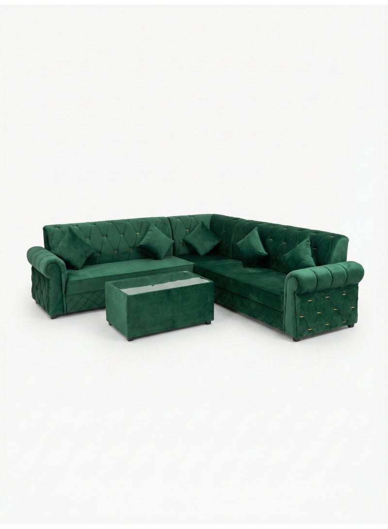 أريكة زاوية خضراء على شكل حرف L من ليون للأثاث، تتسع لخمسة أشخاص (270 × 270 سم)، مع طاولة قهوة مستطيلة وخمس وسائد - تصميم منجد على شكل ماسة مع لمسات ذهبية - Image 1
