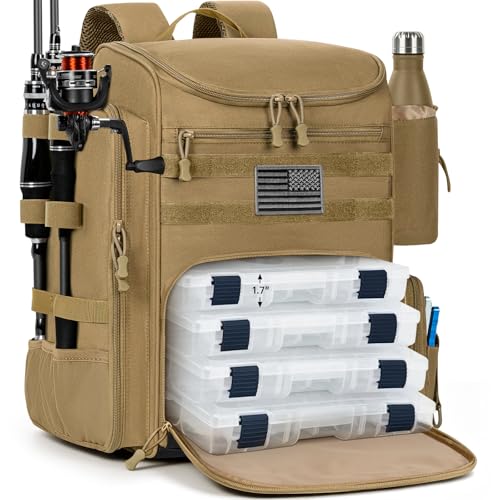 WELIDAY 40L Fishing Backpack Water Resistant Fishing Tackle Bag with 2 Rod Holders Tackle Storage Bag for AnglersKhakiBag Only - Image 1