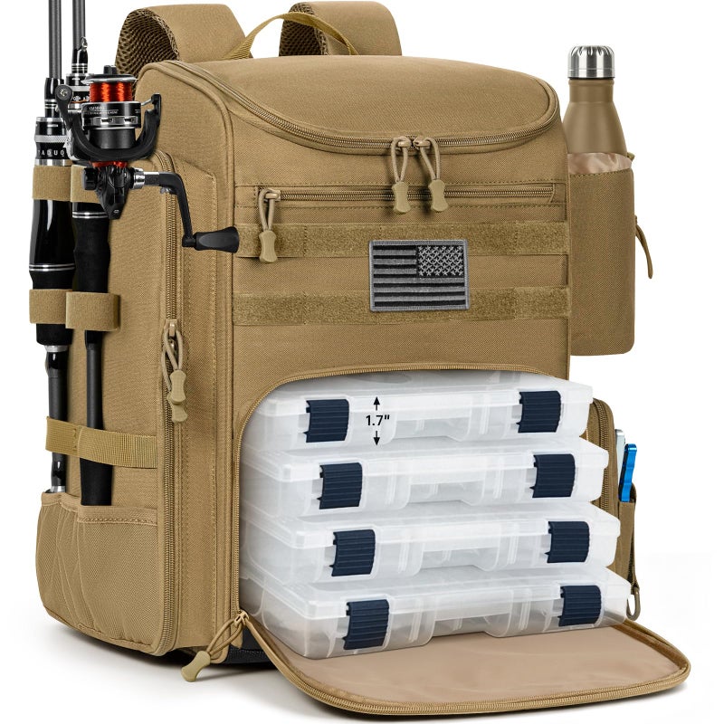 WELIDAY 40L Fishing Backpack Water Resistant Fishing Tackle Bag with 2 Rod Holders Tackle Storage Bag for AnglersKhakiBag Only - Image 2