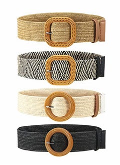 4 Pcs Women Waist Belt, Straw Woven Elastic Stretch Waist Belt